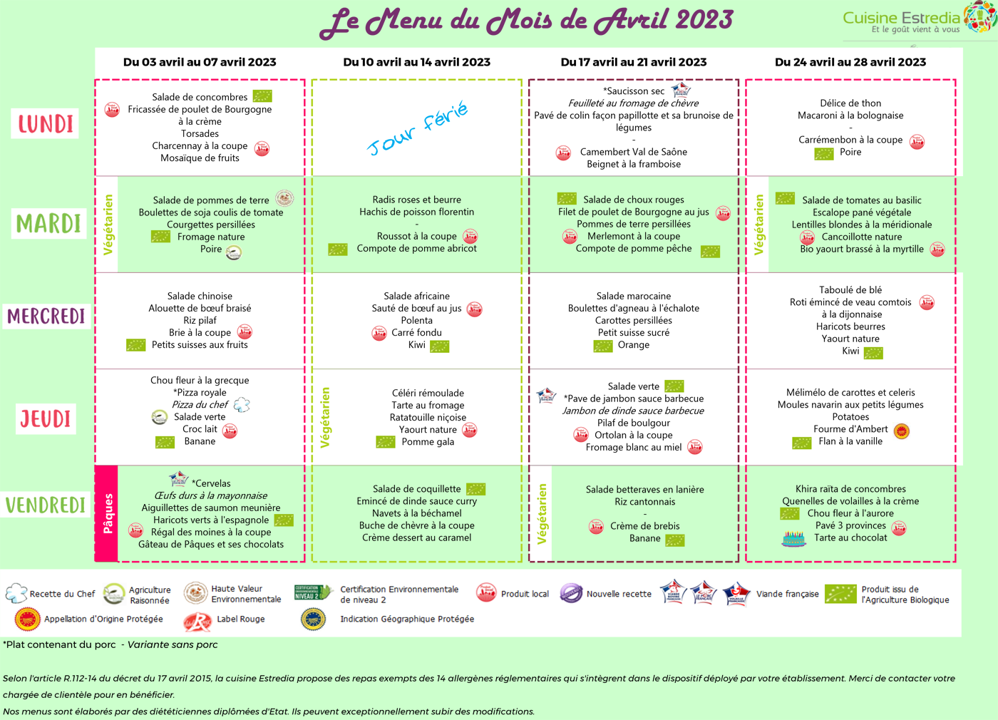 Menus de la cantine scolaire de Cleurie en Avril 2023