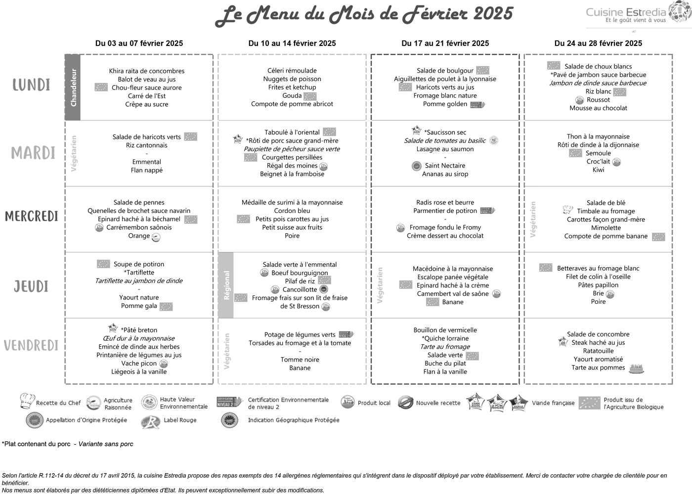 Menus de la cantine scolaire de Cleurie en février 2025