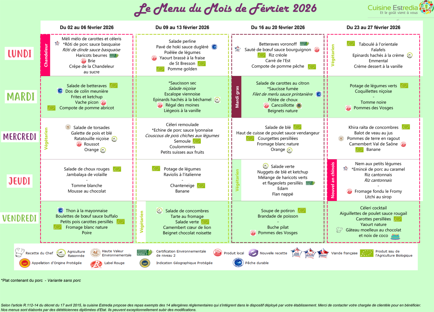 Menus de la cantine scolaire de Cleurie en février 2026