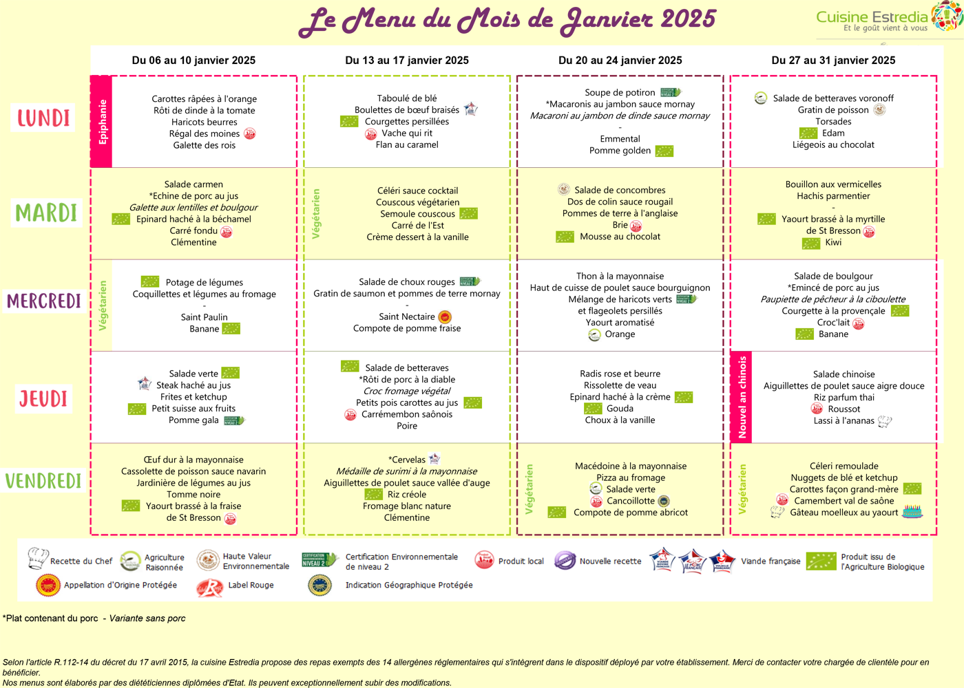 Menus de la cantine scolaire de Cleurie en janvier 2025