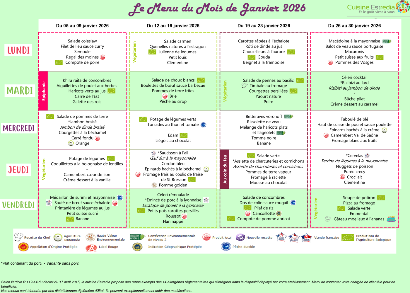 Menus de la cantine scolaire de Cleurie en janvier 2026