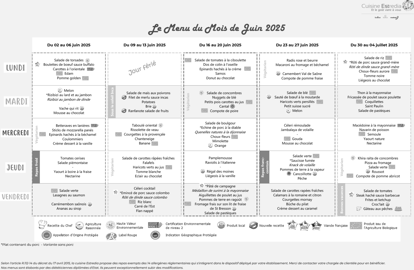 Menus de la cantine scolaire de Cleurie en juin 2025