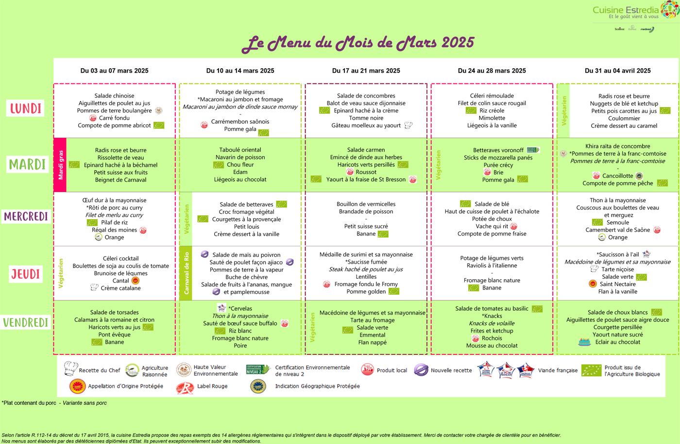 Menus de la cantine scolaire de Cleurie en mars 2025