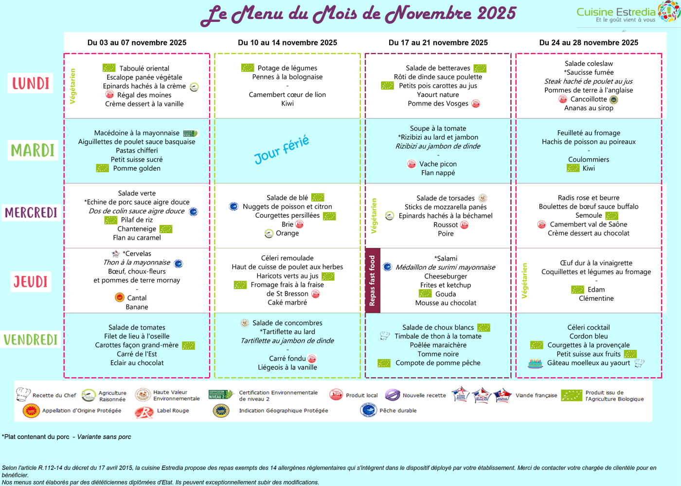 Menus de la cantine scolaire de Cleurie en novembre 2025