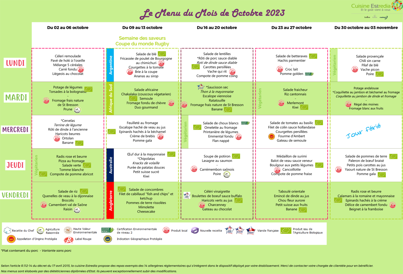 Menus de la cantine scolaire de Cleurie en Octobre 2023