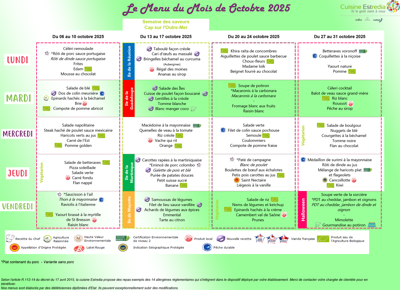 Menus de la cantine scolaire de Cleurie en octobre 2025