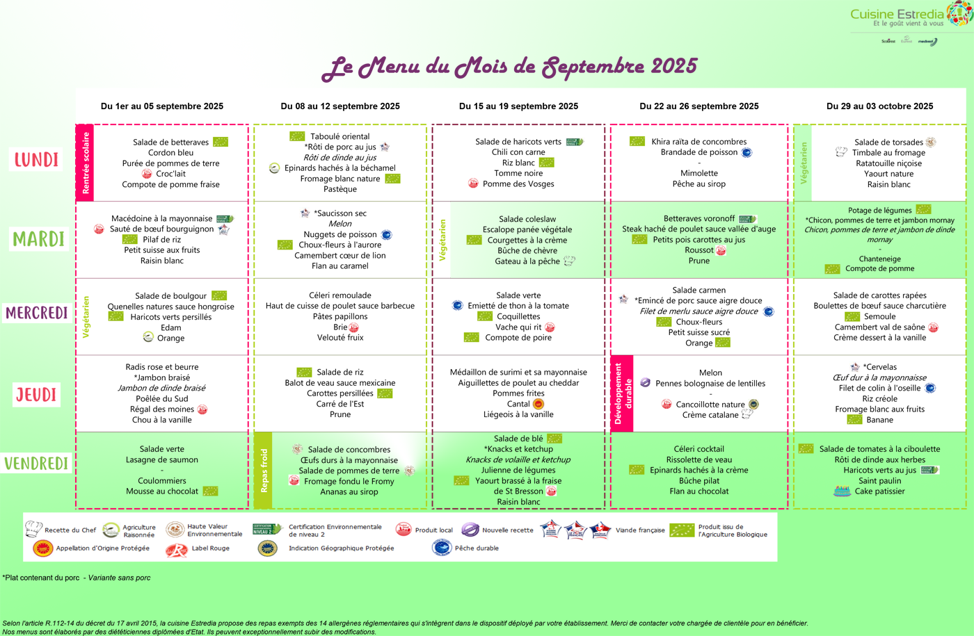 Menus de la cantine scolaire de Cleurie en septembre 2025